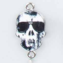 Black Cinco de Mayo Alloy Enamel Connector Charms, Sugar Skull Links, Platinum, Black, 26x14mm