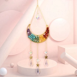 Смешанные камни Украшения из медной проволоки, крошки драгоценных камней и металлические подвески в виде луны, подвесные ловцы солнца, со стеклянным конусом-подвеской, 50~55x11 см