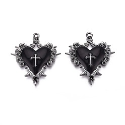 Черный Цвет Металла Подвески из эмали и сплава, сердце с крестом, металлический черный , 34x30x4 мм, отверстие : 1.6 мм