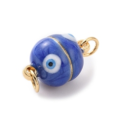Royal Blue Brass Magnetic Clasps, with Enamel, Round with Evil Eye, Real 18K Gold Plated, Royal Blue, 16x10mm, Hole: 3mm