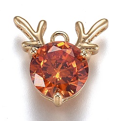 Red Golden Plated Brass Micro Pave Cubic Zirconia Charms, Antler Deer Shape, Red, 13x12.5x5.5mm, Hole: 1.2mm