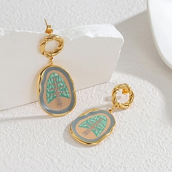 Настоящее золото 18K 304 из нержавеющей стали болтаться серьги, овальные с деревом, реальный 18 k позолоченный, 52x21.5 мм