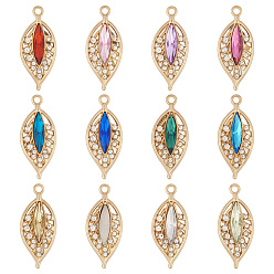 Light Gold 24шт. 12 цвета подвески из позолоченного сплава kc, с акрилом и хрусталем, очарование листа, золотой свет, 31x13x4 мм, отверстие : 2 мм, 2 шт / цвет