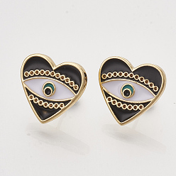 Black Brass Stud Earrings Findings, with Enamel and Ear Nuts/Earring Backs, Heart with Eye, Golden, Black, Fit for 0.6mm Rhinestone, 15x16mm, Pin: 0.7mm