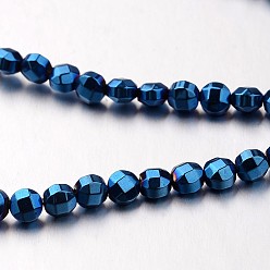 Blue Plated Electroplate Non-magnetic Synthetic Hematite Bead Strands, Faceted, Flat Round, Blue Plated, 4x4x3mm, Hole: 1mm, about 102pcs/strand, 15.7 inch