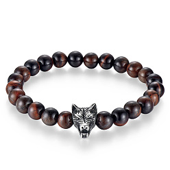 Тигровый глаз Круглые бусины из натурального красного тигрового глаза, эластичные браслеты, ювелирные изделия из нержавеющей стали для мужчин, волк