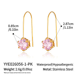Pink 304 Круглые серьги-подвески из нержавеющей стали с инкрустацией кубическим цирконием для женщин, реальный 18 k позолоченный, розовые, 28.7x8.5 мм