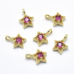 Настоящее золото 18K Латунь прелести, с кубического циркония, без кадмия, без никеля и без свинца, звезда, фуксиново-красные, реальный 18 k позолоченный, 11x7.5x4 мм, отверстие : 2 мм