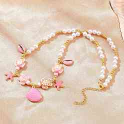 Pink Ocean Brass Enamel Starfish Shell Shape Pendant Round ABS Imitation Pearl Beaded Necklaces, Rack Plating, Long-Lasting Plated, Cadmium Free & Lead Free, Real 18K Gold Plated, Pink, 17.09 inch(43.4cm)