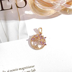 Фиолетовый Из нержавеющей стали горный хрусталь подвески, плоский круглый с подвесками в виде деревьев, фиолетовые, 20x18 мм