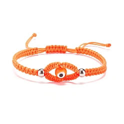 Orange Lampwork Evil Eye Braided Bead Bracelet, Adjustable Friendship Bracelet for Women, Orange, Inner Diameter: 2-1/8~3-1/2 inch inch(5.3~8.8cm)