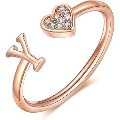 Letter Y Регулируемые латунные кольца из манжеты из горного хрусталя, письмо и сердце, розовое золото , Письмо Y, внутренний диаметр: 15~20 мм