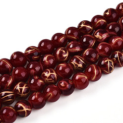Темно-Красный Выпечки нарисованных стеклянных бусин прядей, круглые, волочильных стиле, темно-красный, 7.5~8.5 мм, отверстие : 1.2~1.4 мм, около 102~119 шт / нитка, 29.53~34.25 дюйм (75~87 см)