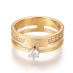 Золотой 304 палец кольца из нержавеющей стали, с кубического циркония, прозрачные, золотые, Размер 6~9, 16~19 мм