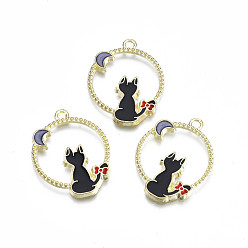 Черный Подвески из эмали и сплава, без кадмия и без свинца, плоские круглые с кошкой, чёрные, 28x22x2 мм, отверстие : 1.8 мм