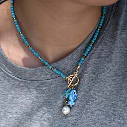 Светло-Голубой Ожерелья из богемского фарфора с подвесками в виде рыбок и искусственных жемчужин, круглые и морские звезды, латунные застежки ot ожерелья из стеклянных бусин для женщин, золотые, Небесно-голубой, 15.75 дюйм (40 см)