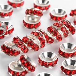 Светло-сиамский Латунные бусины разделители для поставки стразов, класс А, рондель, серебряный цвет гальваническим, Light Siam, 7x3.3 мм