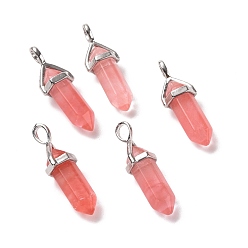 Вишневый Кварц Вишневое из кварцевого стекла подвески, граненые, с латунной фурнитурой платинового цвета, без свинца и без кадмия, пуля, 27~30x9~10x7~8 мм, отверстие : 4x3 мм