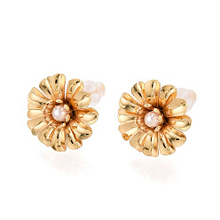 Настоящее золото 18K Серьги-гвоздики из искусственного жемчуга из латуни и АБС-пластика, цветок, без никеля , реальный 18 k позолоченный, 14x14 мм