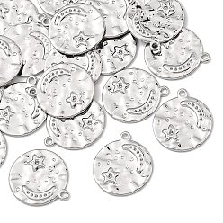 Platinum SHEGRACE Brass Pendants, Flat Round with Moon & Star Charms, Lead Free & Cadmium Free & Nickel Free, Platinum, 18x15x1.2mm, Hole: 1.4mm