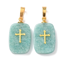 Амазонит Природные подвески амазонит, с латунной фурнитурой и 304 кабошонами из нержавеющей стали, золотые, прямоугольник с подвесками в виде креста, 23~23.5x13~13.5x3.5~4 мм, отверстие : 7.5x4 мм