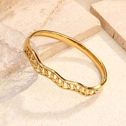 Настоящее золото 18K 304 женские шарнирные браслеты из нержавеющей стали, лист, реальный 18 k позолоченный, внутренний диаметр: 2.36 дюйм (6 см)