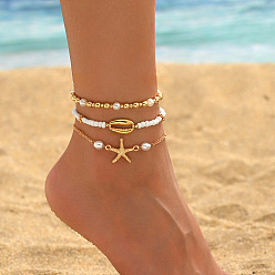 Морская звезда Подвески из сплава с имитацией жемчуга и стеклянных бусин в стиле бохо 3 многослойные браслеты на ногу для женщин, золотые, белые, морская звезда, 3~8-1/4 дюйм (75~210 мм), 3 шт / комплект