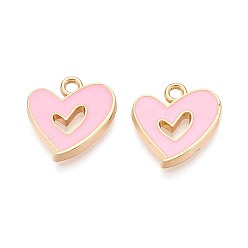 Pink Подвески из эмали и сплава, шарма сердца, золотые, розовые, 16x15x2 мм, отверстие : 1.8~2 мм