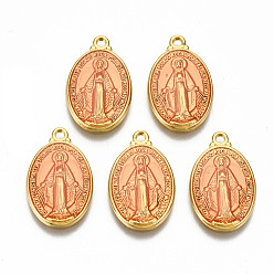 Light Salmon Brass Enamel Pendants, Long-Lasting Plated, Oval with Saint, Golden, Pearl Pink, 19.5x12x2mm, Hole: 1.5mm