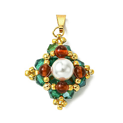 Золотой Подвески в форме ромба из стеклянного бисера, с натуральными бусинами из сердолика и бусинами из ракушечного жемчуга, золотые, 26x24x10 мм, отверстие : 6.5x3 мм