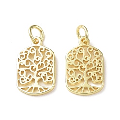 Real 18K Gold Plated Rack Plating Brass Pendants, with Jump Ring, Lead Free & Cadmium Free, Hollow, Rectangle with Tree of Life Charm, Real 18K Gold Plated, 15.7x10x1.3mm, Hole: 3mm