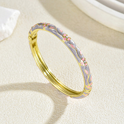 Light Steel Blue Zinc Alloy Enamel Flower Hinged Cuff Bangles for Women, Golden, Light Steel Blue, Inner Diameter: 2.36 inch(6cm)~2.76 inch(7cm)