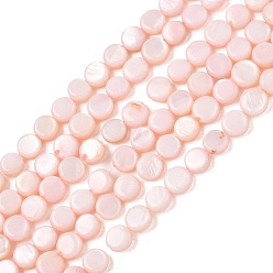 Pink Natural Freshwater Shell Coin Beads Strands, Dyed, Flat Round, Pink, 6~6.5x2.5mm, Hole: 0.8mm, about 66pcs/strand, 14.96 inch(38cm)