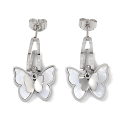 Stainless Steel Color Butterfly 304 Stainless Steel Shell Stud Earrings, Dangle Earrings for Women, Stainless Steel Color, 24x15mm