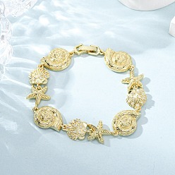 Настоящее золото 18K Латунные браслеты с микропаве из прозрачных кубических цирконий для женщин, форма раковины и морская звезда, долговечный, стойки покрытие, без свинца и без кадмия, реальный 18 k позолоченный, 7-1/2 дюйм (19.2 см)