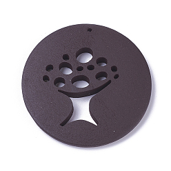 Coconut Brown Wood Big Pendants, Flat Round with Tree, Dyed, Coconut Brown, 49.5~50.5x4.5~5mm, Hole: 1.5mm