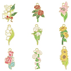 Mixed Color 45Pcs 9 Styles Alloy Enamel Pendants, Flower Charm, Golden, Mixed Color, 28.5~34.5x13~11.5x1.5mm, Hole: 2mm, 5pcs/style