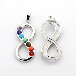 Mixed Stone Platinum Plated Alloy Gemstone Infinity Pendants, Mixed Stone, 43x18x5mm, Hole: 4x7mm