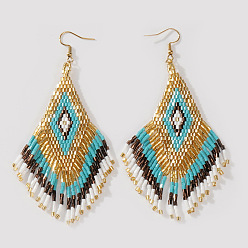 Зеленый Элегантные серьги-подвески из стеклянных бусин ручной работы в форме ромба, золотые, зелёные