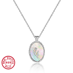 Platinum Natural White Shell Oval with Flower Pendant Necklace with Rhodium Plated 925 Sterling Silver Chains, Platinum, 15.35 inch(39cm)