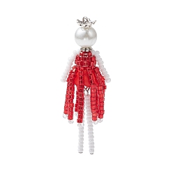 Белый Стеклянные бусы большие подвески, маленький человек в платье с бахромой, с жемчужными бусинами и акриловыми бусинами, белые, 52.5x16x14 мм, отверстие : 1.8 мм