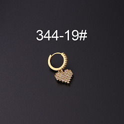 Сердце Серьги-кольца с микропаве из латуни и прозрачным кубическим цирконием для крепления на хрящ, золотые, сердце, 35x9 мм