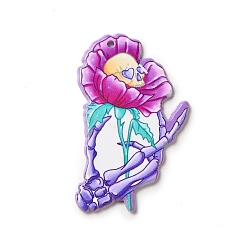 Flower Halloween Printed Acrylic Pendants, Flower with Skull & Skeleton Hand, 47.5x29x2.5mm, Hole: 1.8mm