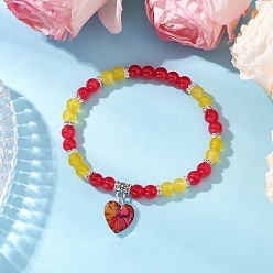 Красный Браслеты с подвесками из круглого бисера, имитирующего нефрит, окрашенного методом запекания, с подвесками в виде граненых стеклянных сердечек и латунными бусинами-разделителями из стразов, красные, внутренний диаметр: 2-1/8 дюйм (5.5 см)