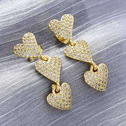 Настоящее золото 18K Серьги-гвоздики из латунного микро-паве, долговечный, без свинца и без кадмия, сердце, реальный 18 k позолоченный, 34x10 мм