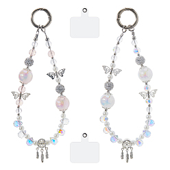 Белый 2шт. 2 цвета ремешки для мобильных телефонов из акрила и сплава, декоративный брелок для телефона, бабочка, платина, белые, 155 мм, 1 шт / цвет