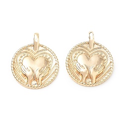 Plaqué 18K Or Véritable Pendentifs en laiton, rond plat avec une main tenant des breloques en forme de cœur, réel 18 k plaqué or, 21x17x4mm, Trou: 3mm