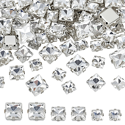 Кристалл 75Шитье со стразами, многожильных ссылки, стекло горный хрусталь, с латунными зубцами в платиновых тонах, квадратный, кристалл, 8~12.5x8~12.5x5.5~7.5 мм, отверстие : 0.8~1 мм, 25 шт / стиль