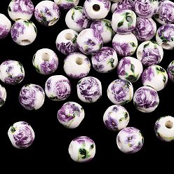 Orchid Floral Printed Porcelain Beads, Flower Patterned Ceramic Beads, Round, Orchid, 6mm, Hole: 2mm