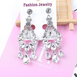 Кристалл Серьги-гвоздики из сплава со стразами в форме капли, кристалл, 76x25 мм